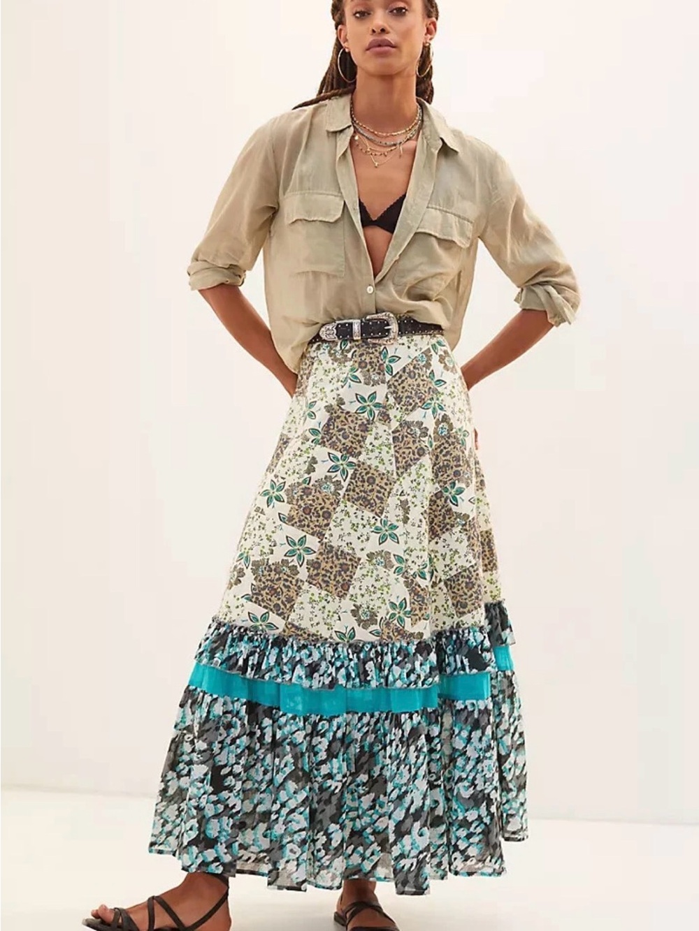 RAGA Bohemian Patchwork Tiered Maxi Skirt in Cream, Teal and Black